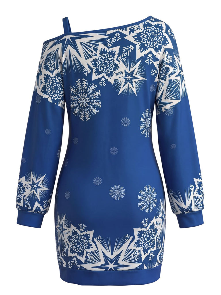 60er Weihnachts-Minikleid mit Schneeflockenprint und One-Shoulder