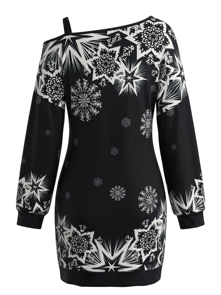 60er Weihnachts-Minikleid mit Schneeflockenprint und One-Shoulder