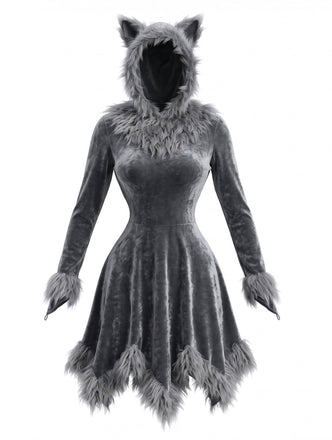 Graues 80er Wolf-Kostümkleid mit Kapuze und Kunstfell
