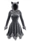 Graues 80er Wolf-Kostümkleid mit Kapuze und Kunstfell