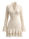 Cremefarbenes 70er Spitzen-Bodycon-Kleid mit V-Ausschnitt und Volant