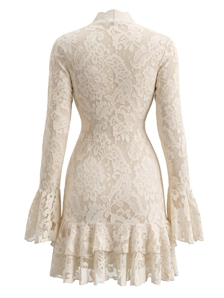 Cremefarbenes 70er Spitzen-Bodycon-Kleid mit V-Ausschnitt und Volant