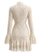 Cremefarbenes 70er Spitzen-Bodycon-Kleid mit V-Ausschnitt und Volant