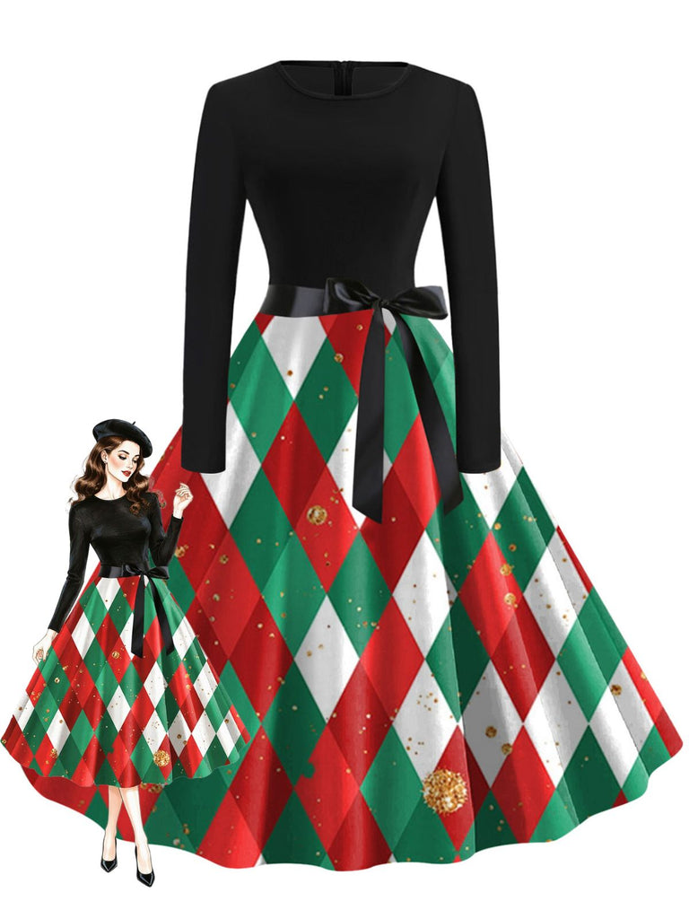 Grünes 50er Weihnachts-Swingkleid mit Argyle-Muster, Schleife und Gürtel