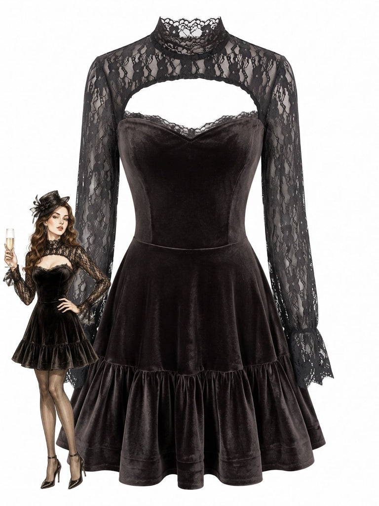 Braunes 70er Samt-Minikleid mit Spitzeneinsätzen und Volantsaum