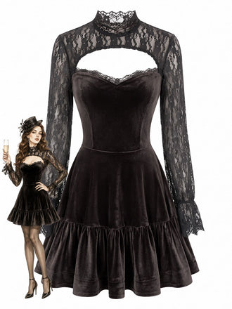 Braunes 70er Samt-Minikleid mit Spitzeneinsätzen und Volantsaum
