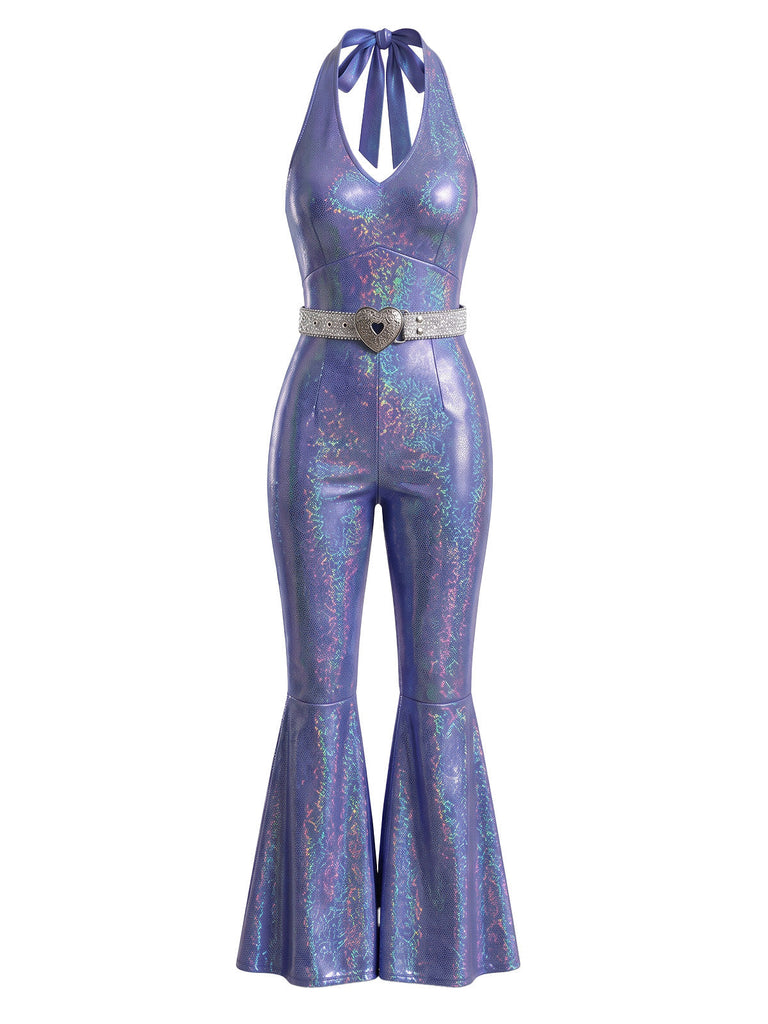 70er Disco-Neckholder-Overall mit irisierendem Metallic-Effekt, Schlag und Gürtel