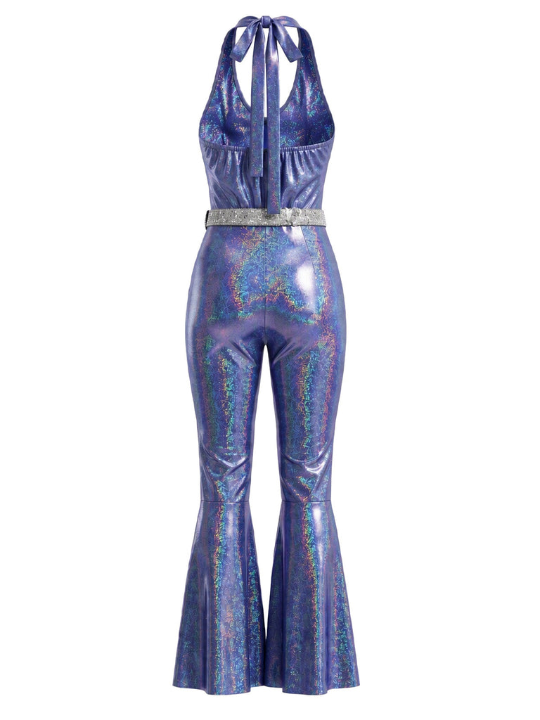 70er Disco-Neckholder-Overall mit irisierendem Metallic-Effekt, Schlag und Gürtel
