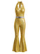 70er Disco-Neckholder-Overall mit irisierendem Metallic-Effekt, Schlag und Gürtel