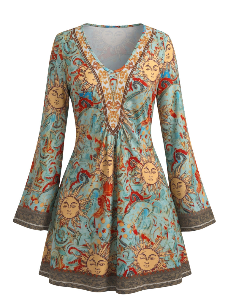70er Kleid mit Sonnen- und Himmelsmotiven, V-Ausschnitt und Glockenärmeln