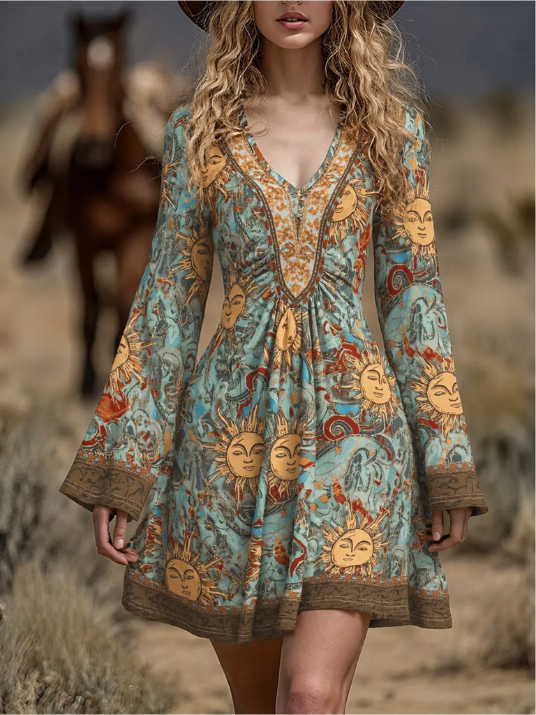 70er Kleid mit Sonnen- und Himmelsmotiven, V-Ausschnitt und Glockenärmeln