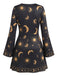 70er Kleid mit Sonnen- und Himmelsmotiven, V-Ausschnitt und Glockenärmeln