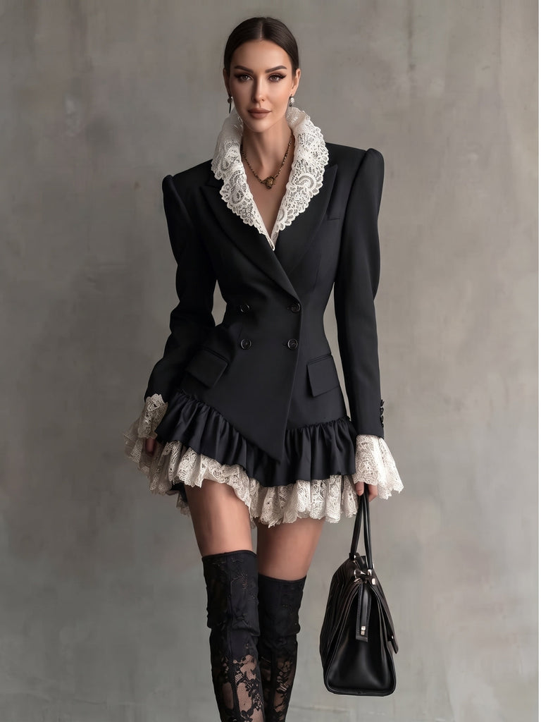 60er Blazerkleid mit Spitzenrevers und Volantsaum