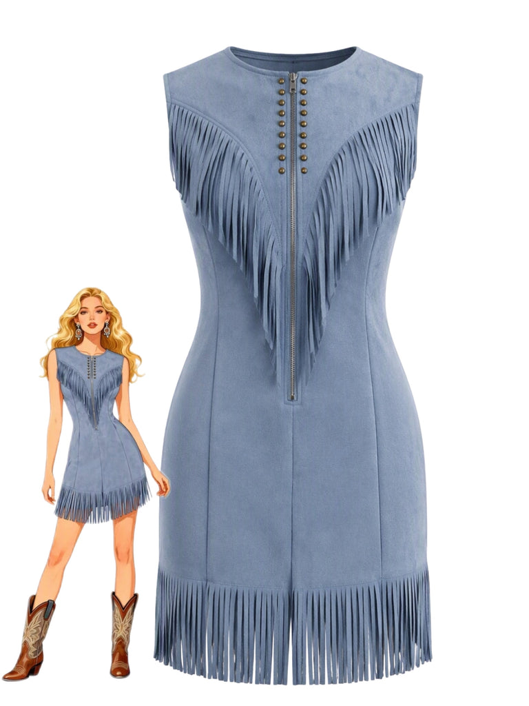 70er Westernkleid aus Wildlederimitat mit Reißverschluss, Nieten und Fransen