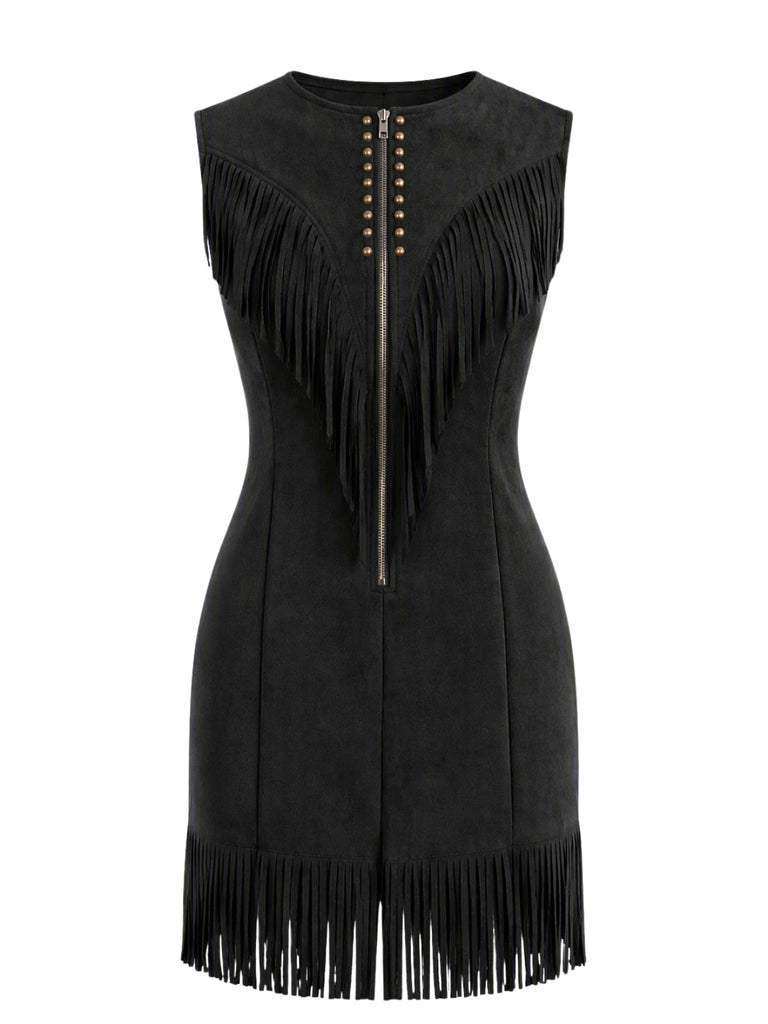 70er Westernkleid aus Wildlederimitat mit Reißverschluss, Nieten und Fransen