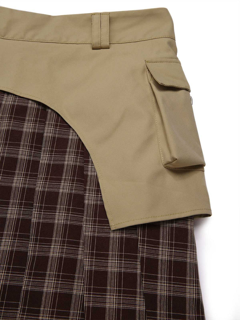 [Vorverkauf] Braun 1960er Plaid Patchwork Gürtel Plissiertes Rock