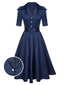 Blaues 1940er Kleid mit kurzen Ärmeln und Revers
