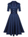 Blaues 1940er Kleid mit kurzen Ärmeln und Revers