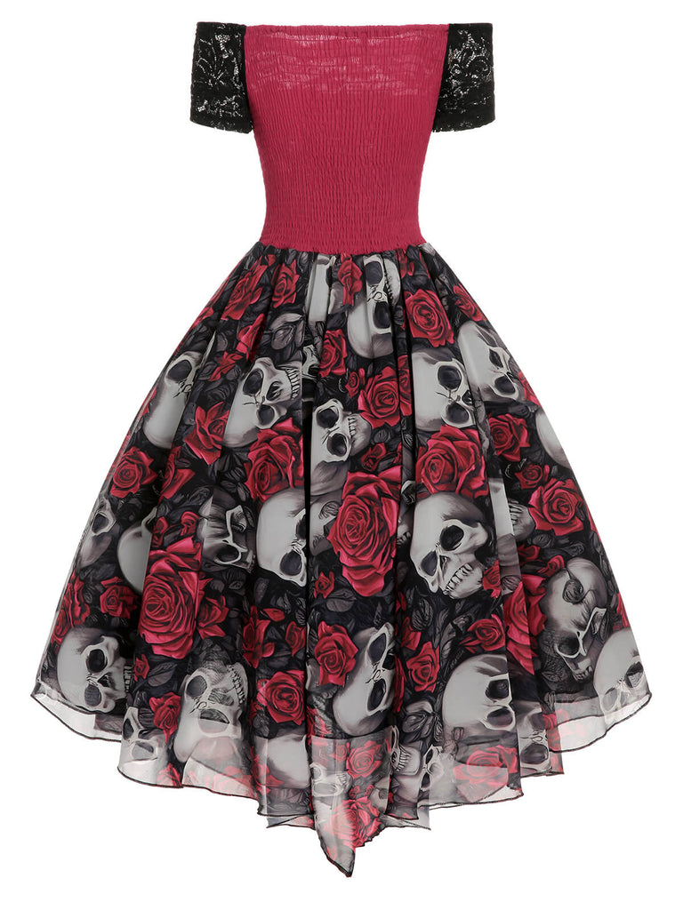 1950er Halloween Totenkopf Rose Spitze Mesh Kleid
