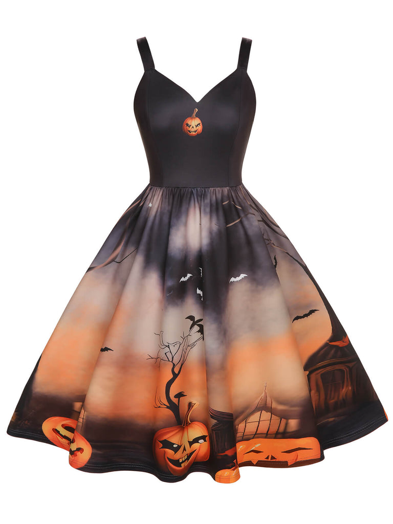 Schwarzes 1950er Halloween Kürbis Swing Kleid