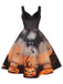Schwarzes 1950er Halloween Kürbis Swing Kleid