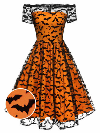 1950er Halloween Fledermaus Kostüm Spitzen Schulter Swingkleid