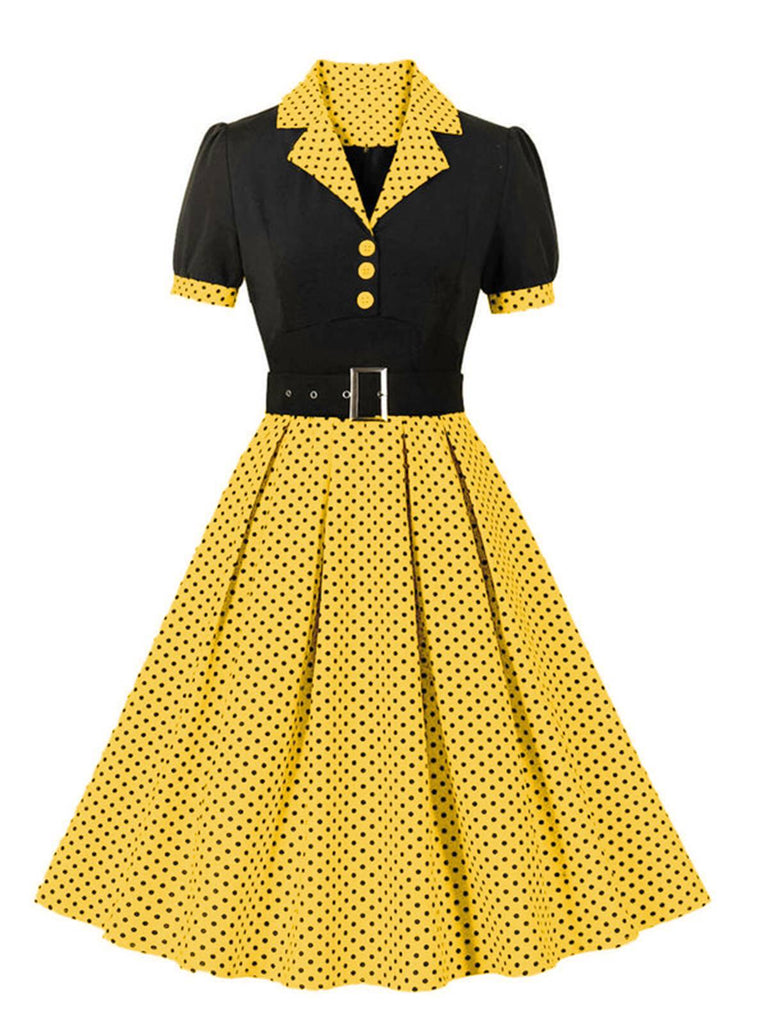 1950er Farbblock Polka Dots Revers Kleid