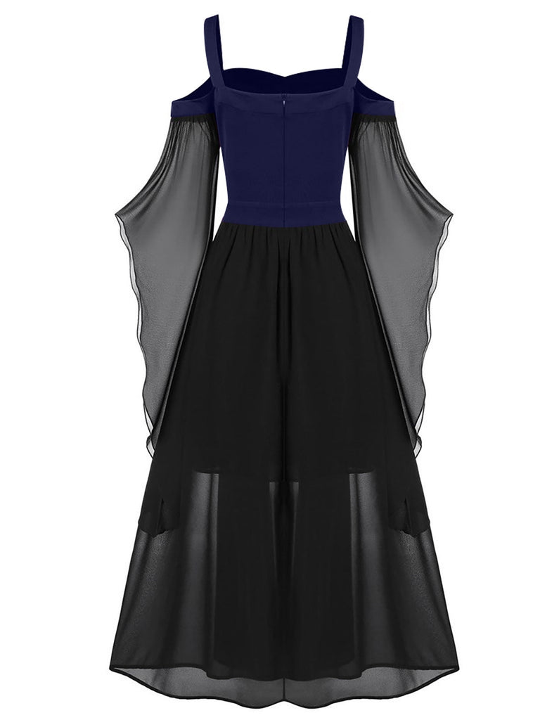 [Übergröße] 1950er Hosenträger Kontrast Farbe Chiffon Strap Kleid