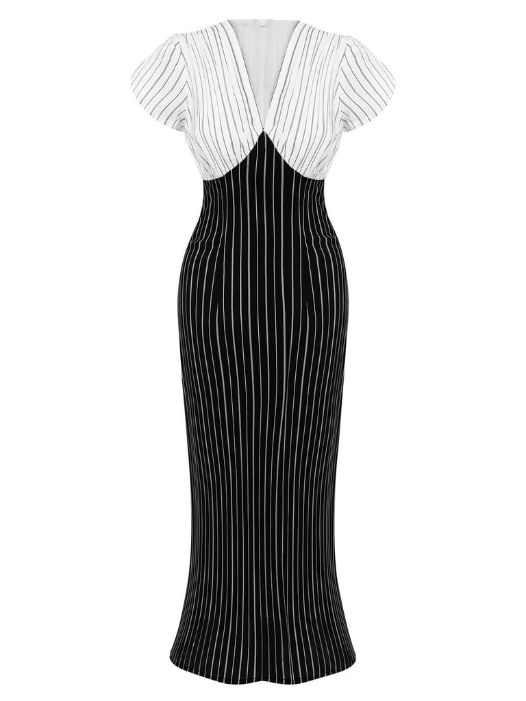 Schwarz-weiß 1930er gestreiftes V-Ausschnitt Kleid
