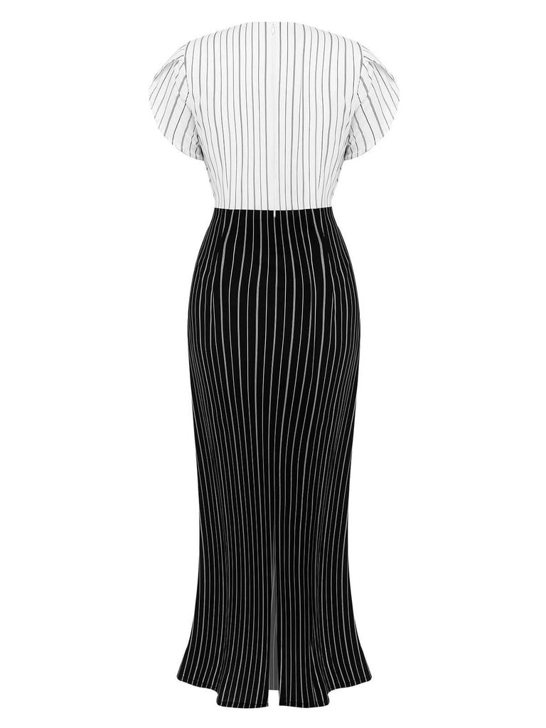 Schwarz-weiß 1930er gestreiftes V-Ausschnitt Kleid