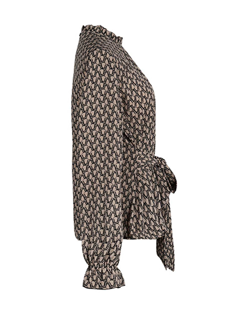 Khaki 1950er Geometrisch Bluse mit Gürtel