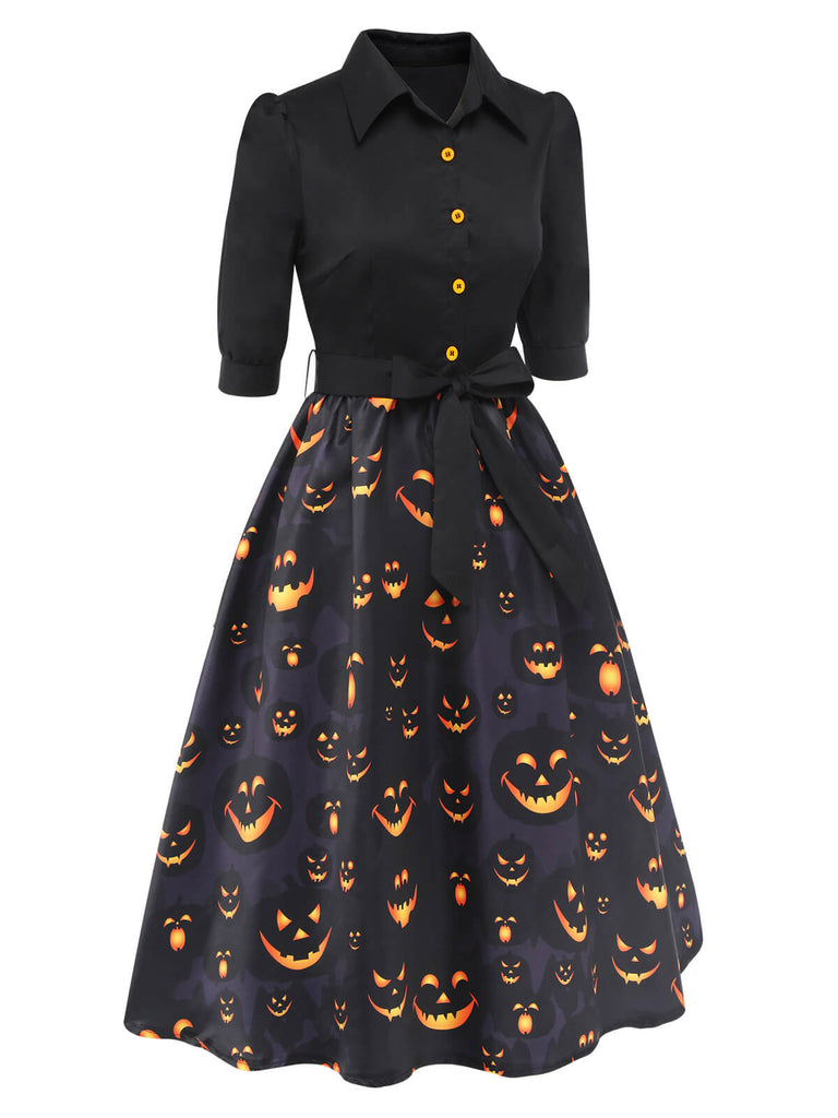 Schwarzes 1940er Halloween Revers Kürbis Gürtelkleid