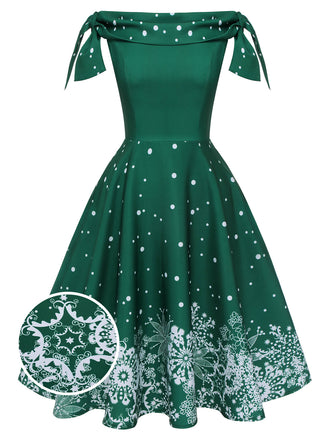 Grün 1950er Weihnachten Schneeflocke Schulterfrei Kleid