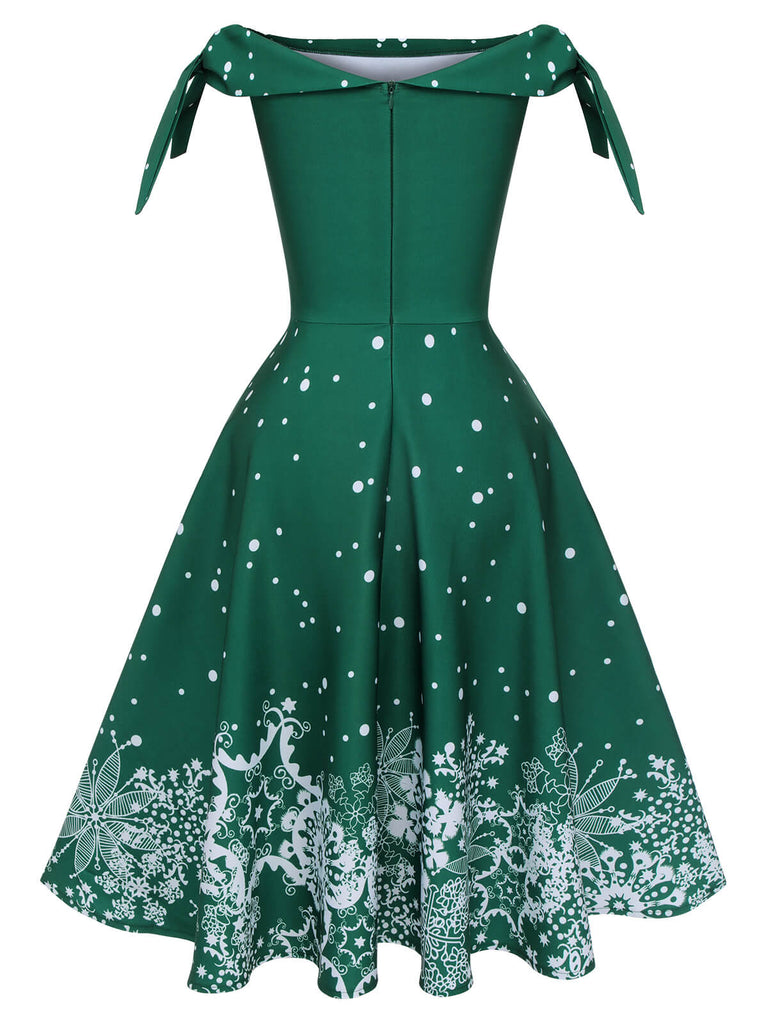 Grünes 1950er Weihnachten Schneeflocke Off-Shoulder Kleid