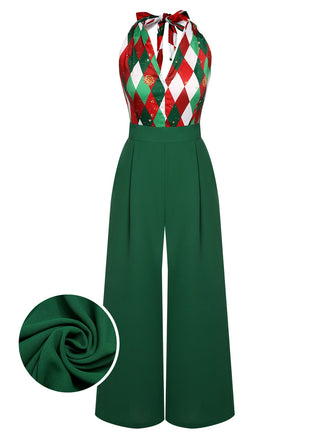 Grüner 1930er Weihnachts Patchwork Overall mit karierter Spitze