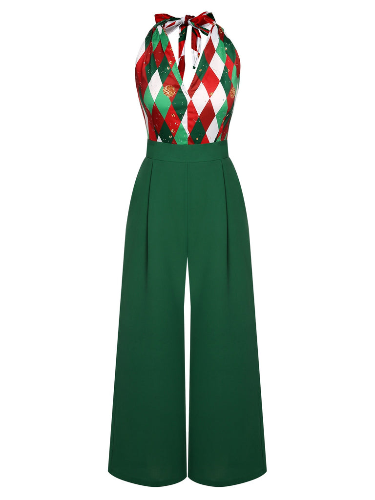 Grüner 1930er Weihnachts Patchwork Overall mit karierter Spitze