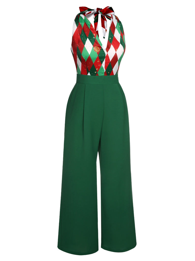 Grüner 1930er Weihnachts Patchwork Overall mit karierter Spitze