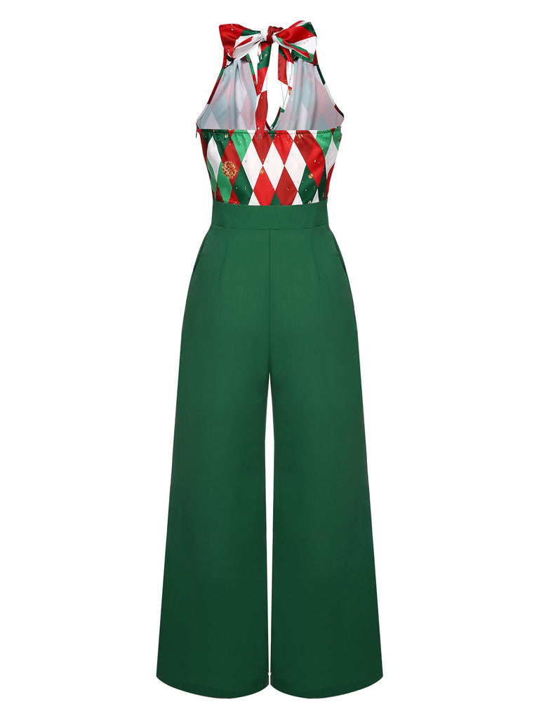 Grüner 1930er Weihnachts Patchwork Overall mit karierter Spitze