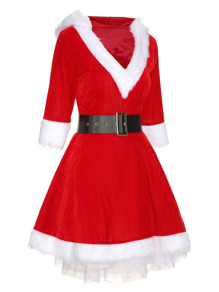 Rot Weihnachten Kapuze Santa Claus Roher Saum Gürtel Kleid