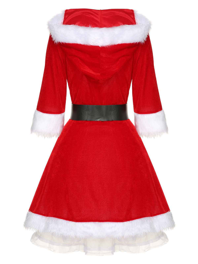 Grün Weihnachten Kapuze Santa Claus Roher Saum Gürtel Kleid