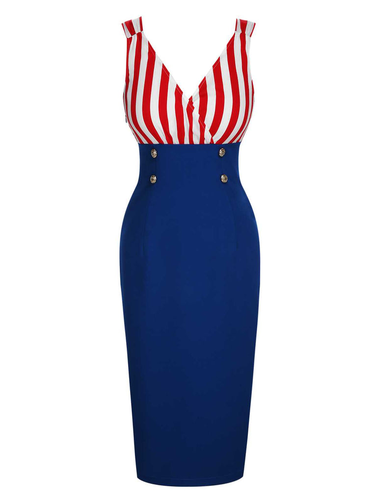 [Vorverkauf] 1960er V-Ausschnitt Rot Blau Kontrast Gestreiftes Kleid