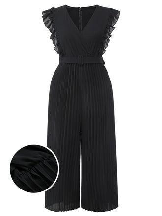 [Große Größen] Schwarz 1930er Rüsche V-Ausschnitt Plissee Jumpsuit