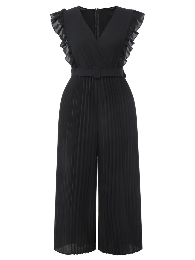 [Übergröße] Schwarz 1930er  Rüsche V-Ausschnitt Plissee Jumpsuit