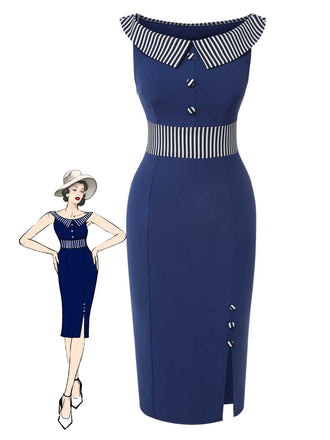 Dunkelblau 1960er Geknöpftes Streifenkleid