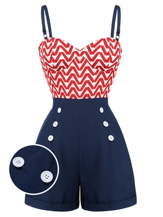 Rot & Blau 1950er Chevron Streifen Gurt Romper