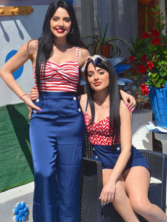 Dunkelblau 1930er Spaghetti Träger Streifen Jumpsuit