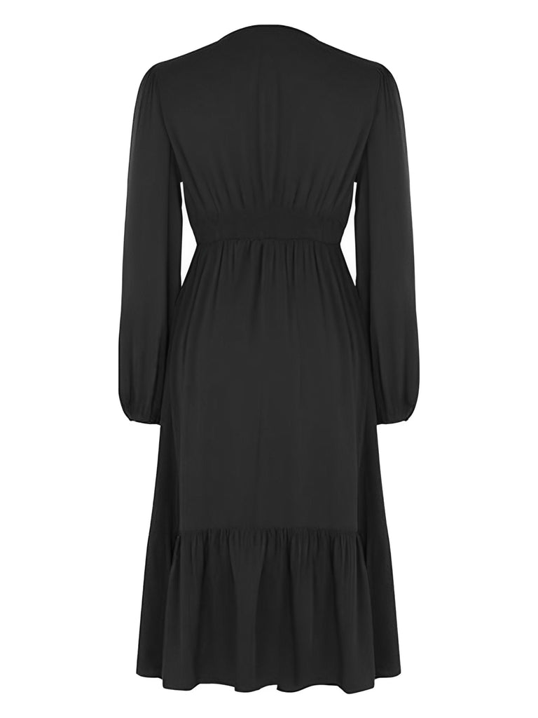 Schwarz 1960er V-Ausschnitt Puffärmel Solide Kleid