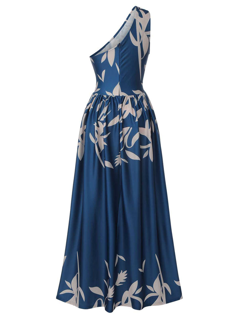 Blau 1940er Eine Schulter Pflanzenschlitz Kleid