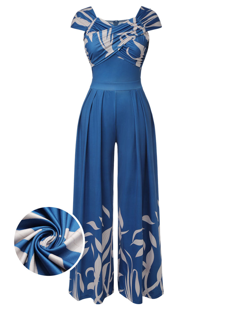 Blau 1930er Hoher Taille Pflanzenmuster Jumpsuit