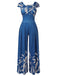 Blau 1930er Hoher Taille Pflanzenmuster Jumpsuit